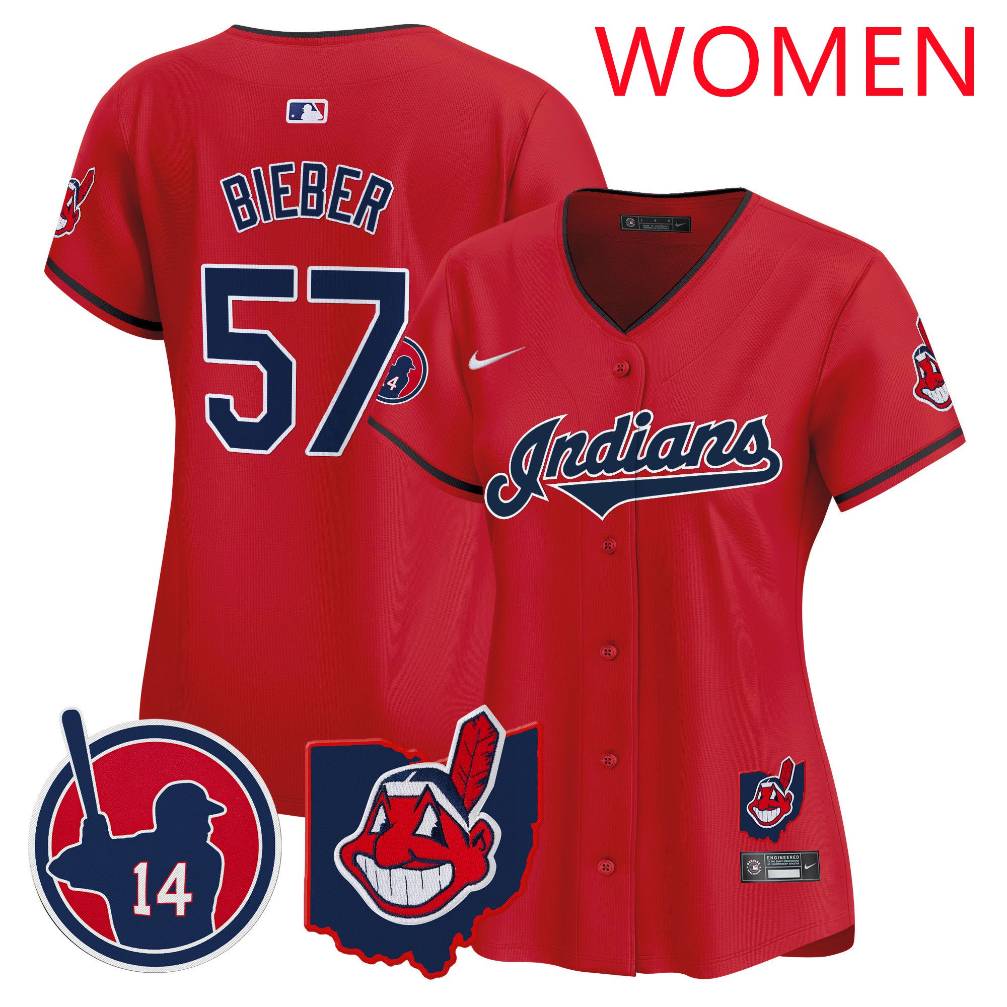 Women Cleveland Indians 57 Bieber Red Nike 2025 Patch Vapor Premier Limited MLB Jersey